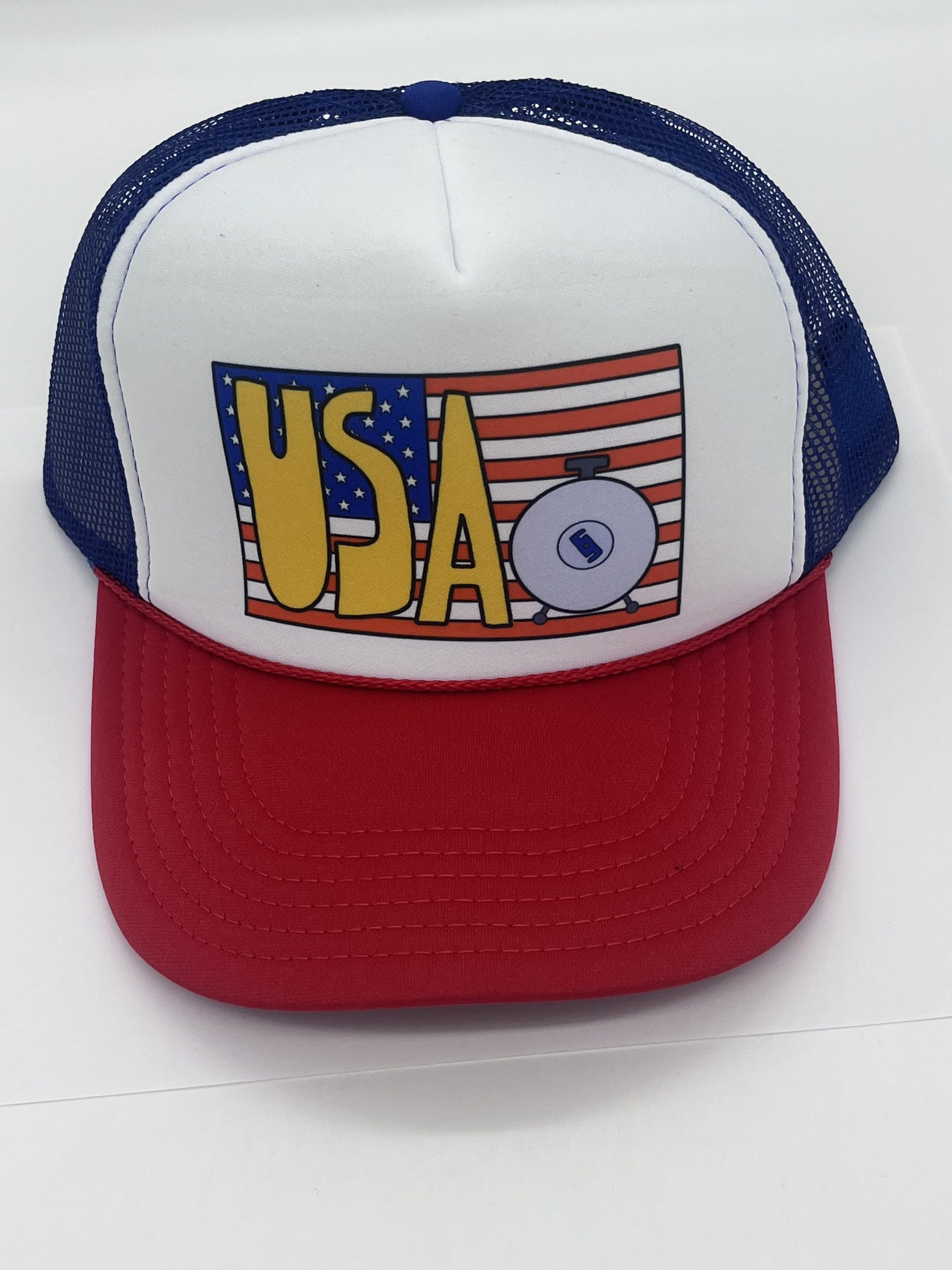 Made in the USA -bright blue trucker hat with red bill - Associated ...